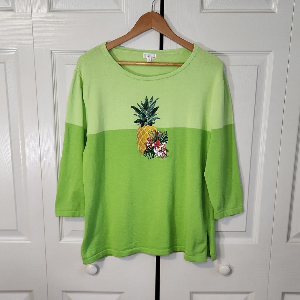 Cabana Cay Womens 2 Tone Green Sweater Size XL Pineapple‎ Sequins Embroidery